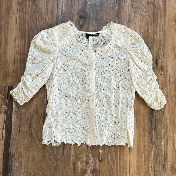 The Kooples Cream Open Lace Shortsleeved Button Down Top - Picture 1 of 8